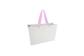 Sac papier Luxe poignée ruban rose - Blanc M sans impression